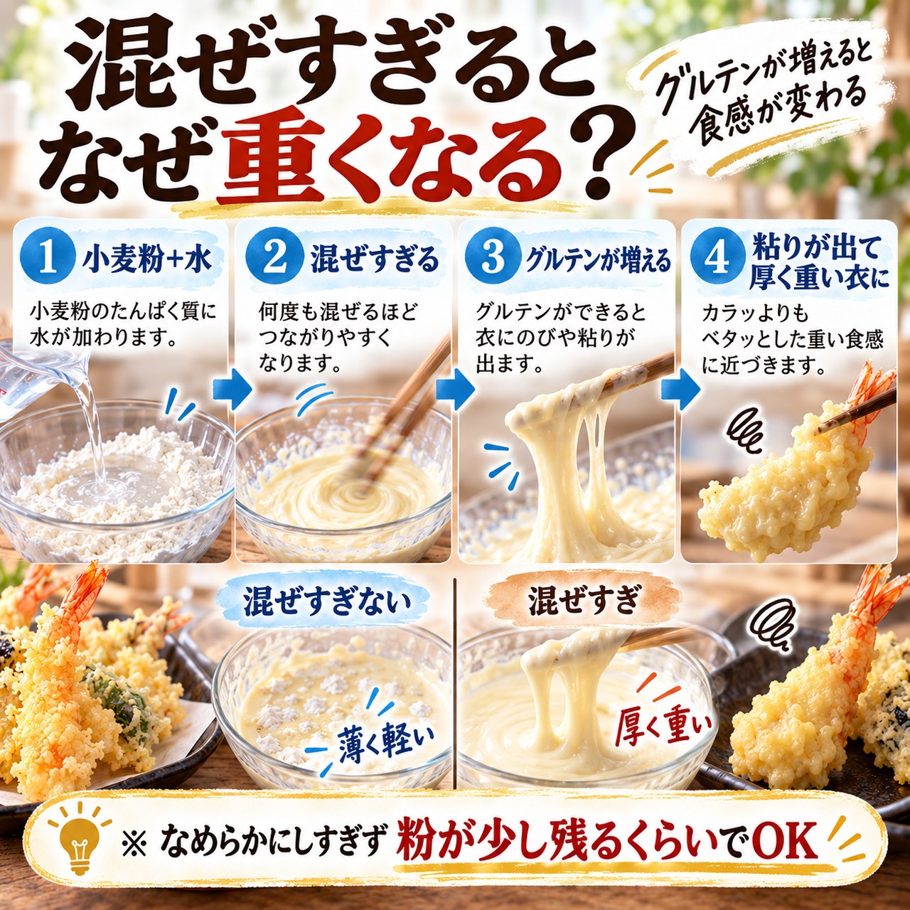 天ぷらの衣を混ぜすぎるとグルテンが増え、厚く重い衣になりやすい流れを示した図