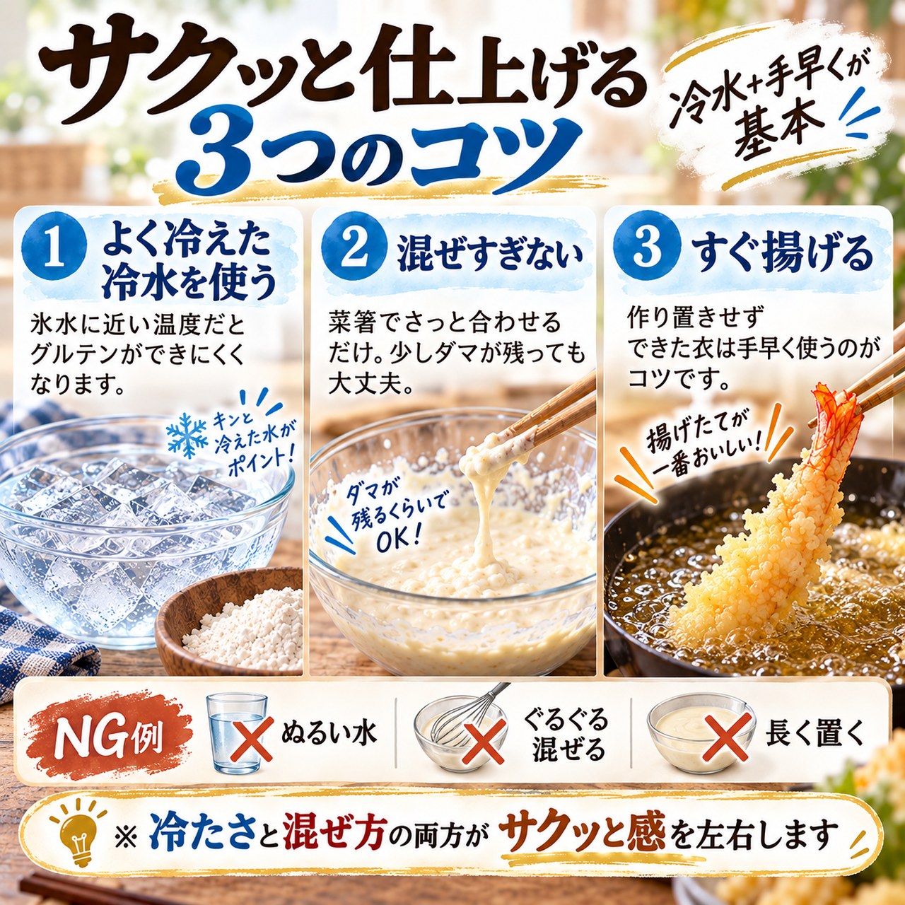 天ぷらをサクッと仕上げるための冷水・混ぜすぎない・すぐ揚げるという3つのコツ