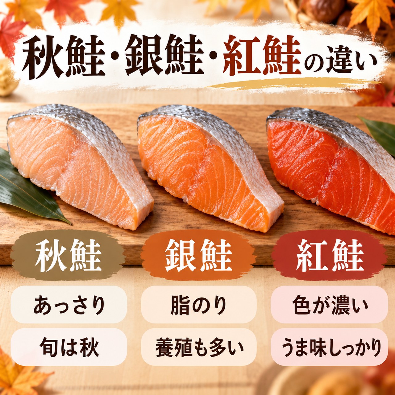 秋鮭・銀鮭・紅鮭の見た目と特徴を比較した図
