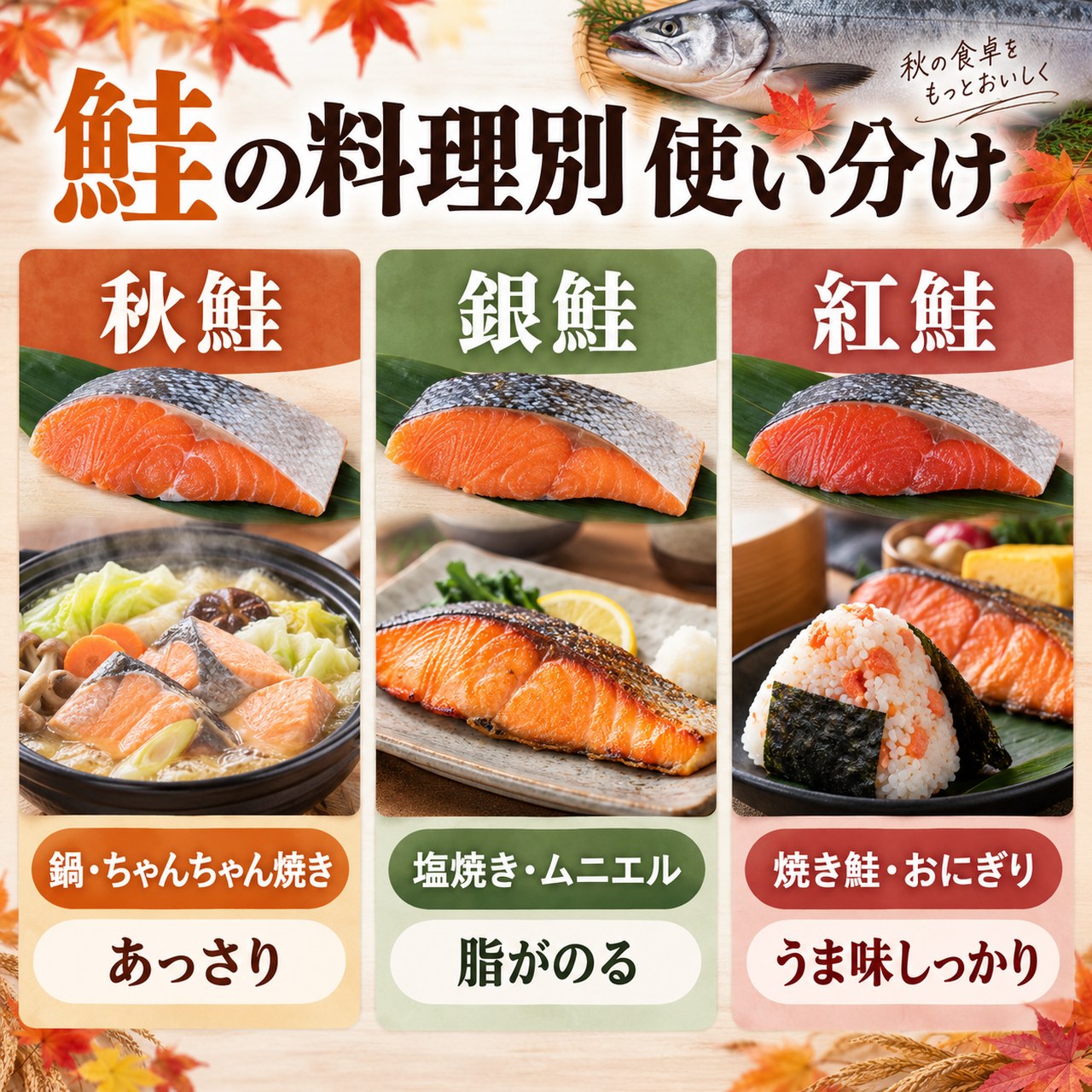 秋鮭・銀鮭・紅鮭を料理別に使い分ける例を示した図