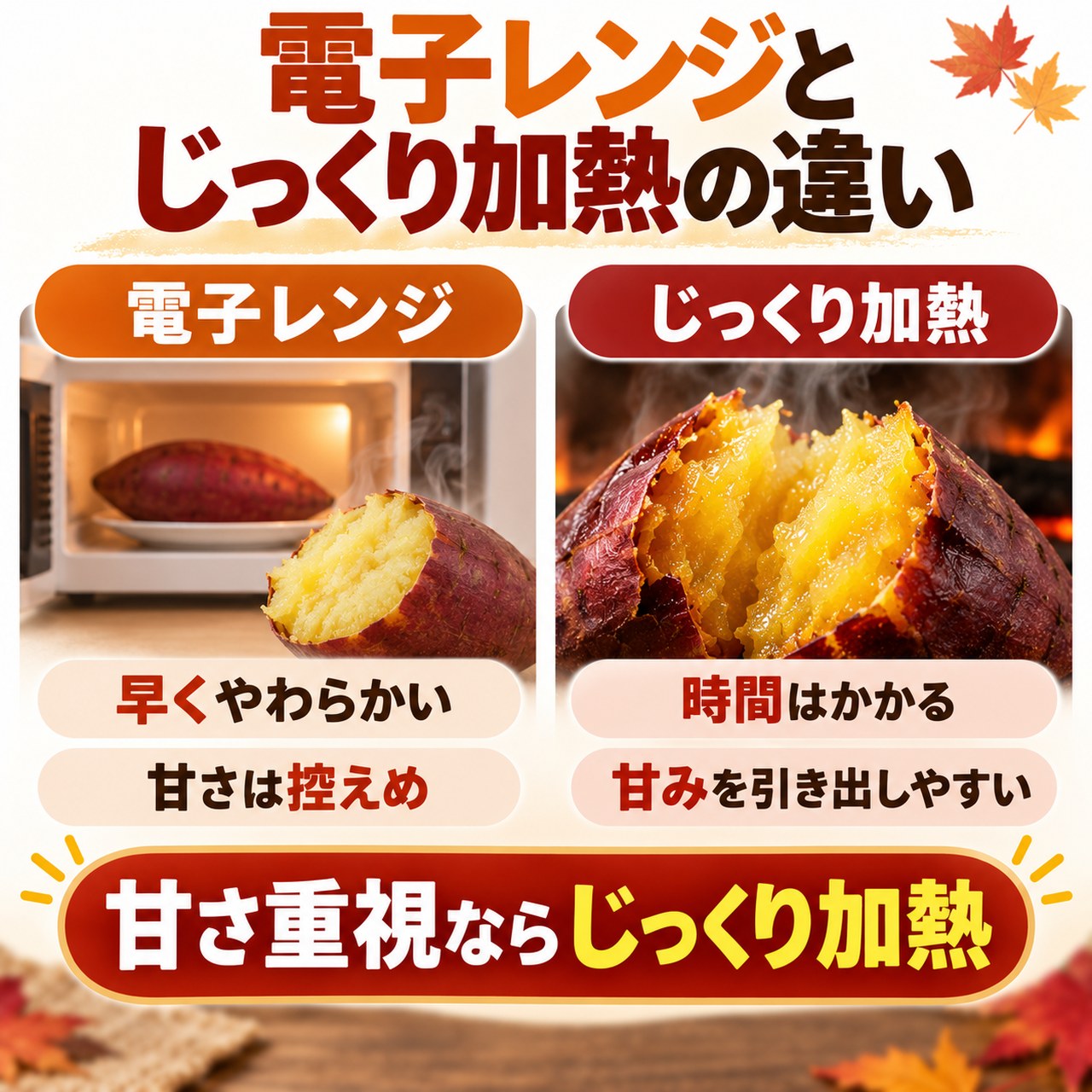 電子レンジの短時間加熱とじっくり加熱による焼き芋の甘さの違いを比較した図