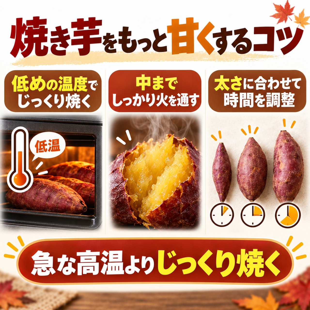 焼き芋を甘くするための低めの温度、中心までの加熱、大きさに応じた時間調整を示した図
